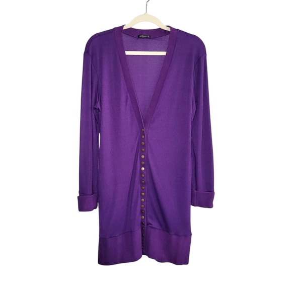 Women's Purple Longline Slim Fit V-Neck Ribbed Hem Cardigan Sweater Size L - Picture 1 of 8